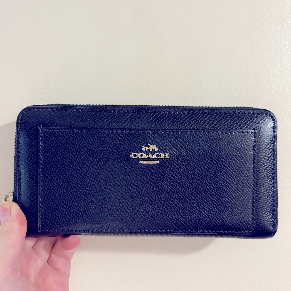 Coach Long ID Zip Wallet in Navy Blue Pebbled Leather